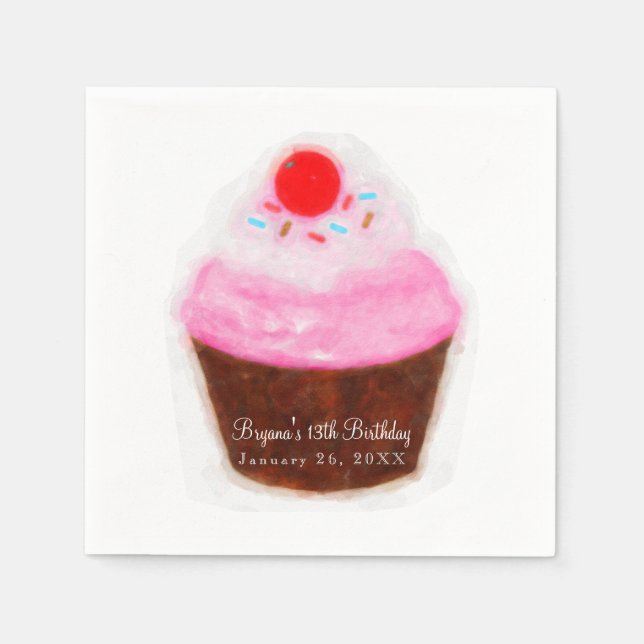 Serviette En Papier Grosse Cupcake et fête aquarelle cerise (Devant)