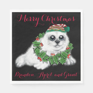 Serviette En Papier Grosse de phoque blanc de Noël, animal arctique fe