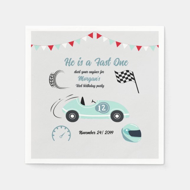Serviette En Papier Grossissant Deux Fast Festive Blue Race Car Annive (Devant)