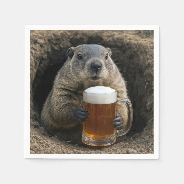 Serviette En Papier Groundhog With Mug of Beer (Devant)