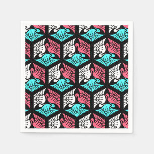 Serviette En Papier Grues, corail, turquoise et noir japonais