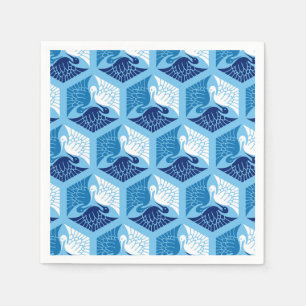 Serviette En Papier Grues japonaises, marine, blanche et bleu clair