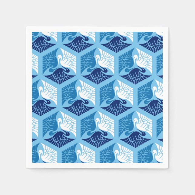 Serviette En Papier Grues japonaises, marine, blanche et bleu clair (Devant)
