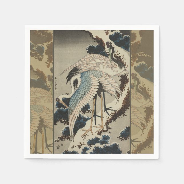 Serviette En Papier Grues sur un pin couvert de neige Hokusai (Devant)
