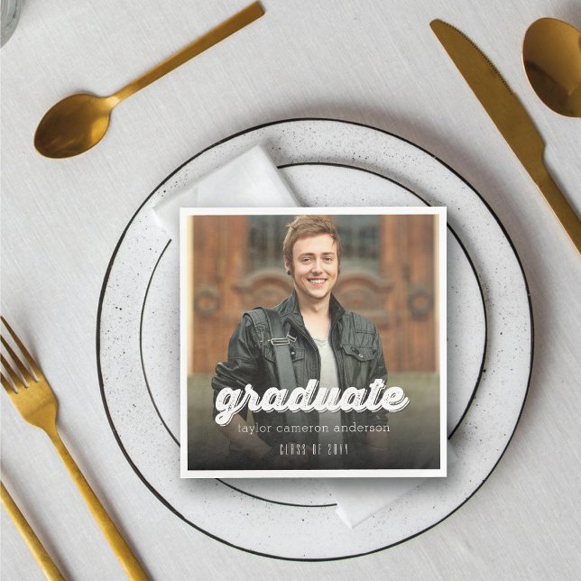 Serviette En Papier Grunge Gras Écriture Diplômé Photo Fête de Remise  (Grunge Bold Graduate Script Photo Modern Graduation Party Paper Napkin @ zazzle.com/color_therapy)