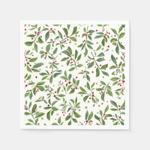 Serviette En Papier Gui de Noël Rouge Baie Blanc Aquarelle