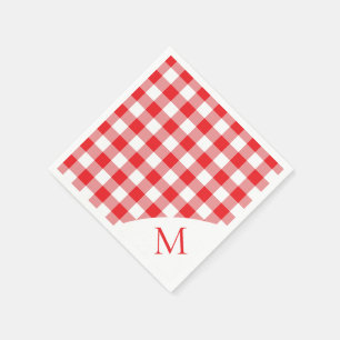 Serviette En Papier Guingan rouge et blanc décoré d'un monogramme