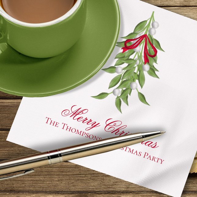 Serviette En Papier Guirlande de gui Calligraphie Script Cocktail (Mistletoe Greenery Merry Christmas Party Cocktail Napkins.)
