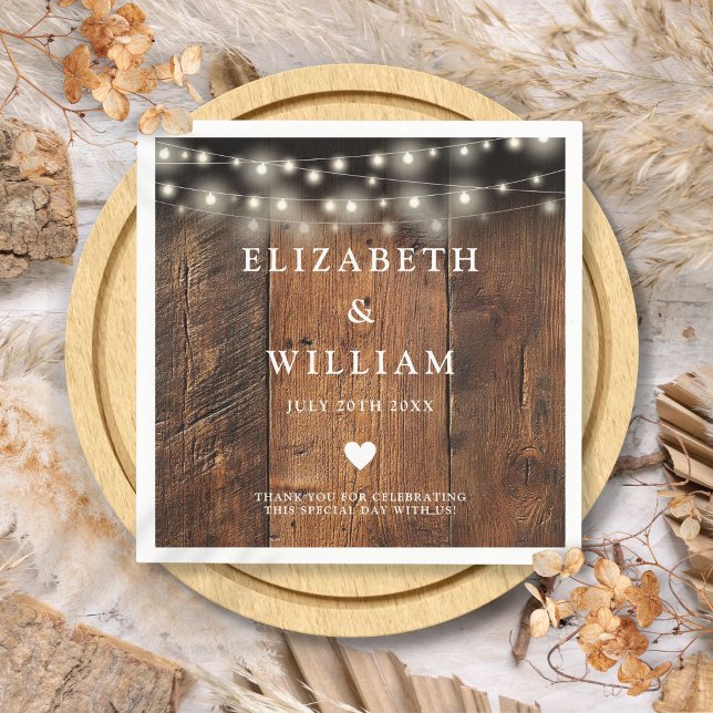 Serviette En Papier Guirlandes Lumineuses Bois Rustique Bohème Mariage (String Lights Rustic Wood Boho Barn Wedding Napkins)