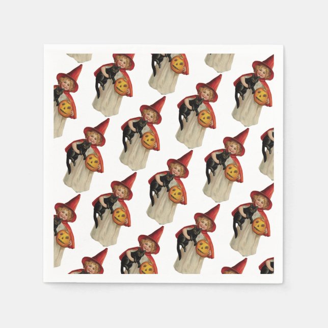 Serviette En Papier Halloween à l'ancienne, sorcière fille avec chat n (Devant)