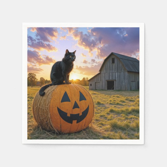 Serviette En Papier Halloween Black Cat On Pumpkin Hay Bale (Devant)
