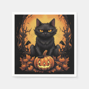 Serviette En Papier Halloween   Chat noir et Citrouille