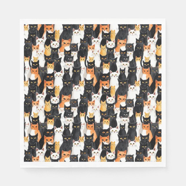 Serviette En Papier Halloween Chats noirs blancs orange (Devant)