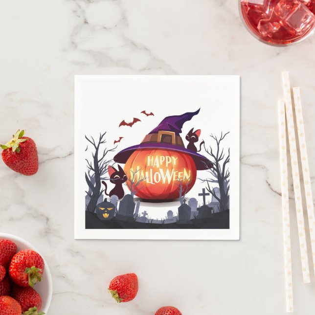 Serviette En Papier Halloween Citrouille, Chats et sorcière Ha (En situation)