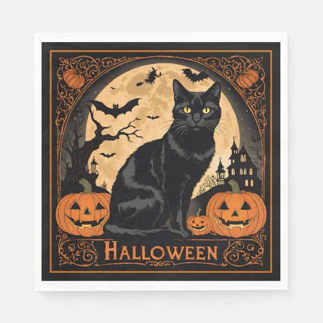 Serviette En Papier Halloween de chat de Kitty noir (Devant)