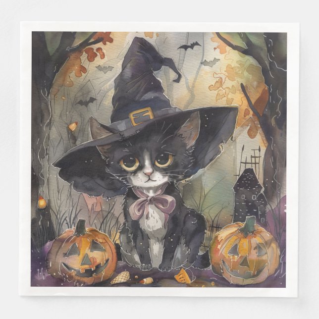 Serviette En Papier Halloween de chat noir aquarelle pour la fête du d (Devant)