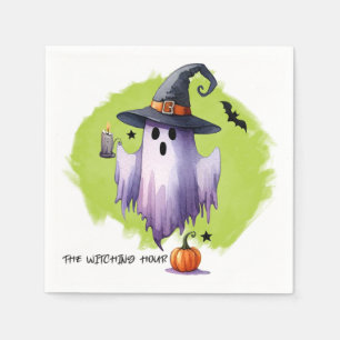 Serviette En Papier HALLOWEEN Fantôme Avec Chapeau De Sorcière Et Une