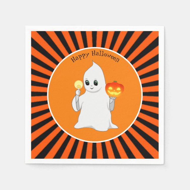 Serviette En Papier Halloween Ghost & Citrouille sur Black & Orange (Devant)
