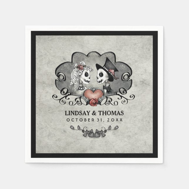 Serviette En Papier Halloween Gris & Noir Skeletons & Mariage de coeur (Devant)