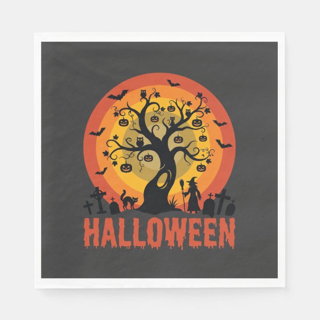 Serviette En Papier Halloween Haunted Tree Witch and Black Cats (Devant)