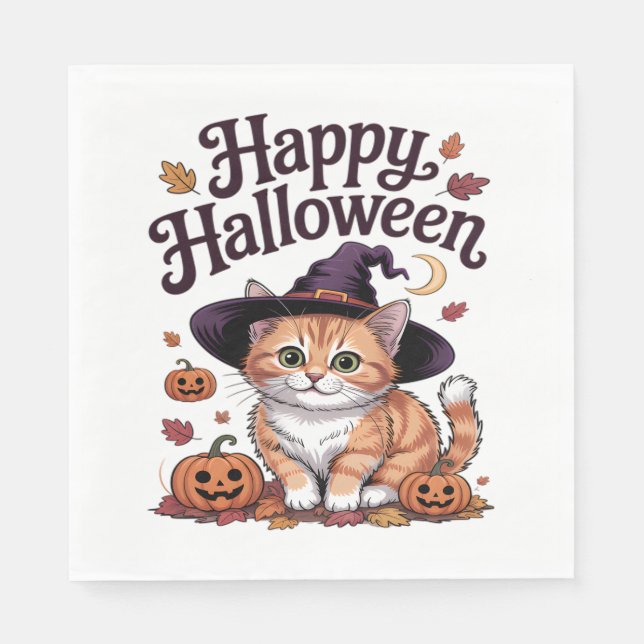 Serviette En Papier Halloween heureux Citrouille de chat (Devant)