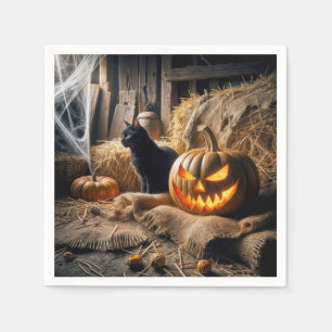 Serviette En Papier Halloween Jack-o-lanterne et chat en grange
