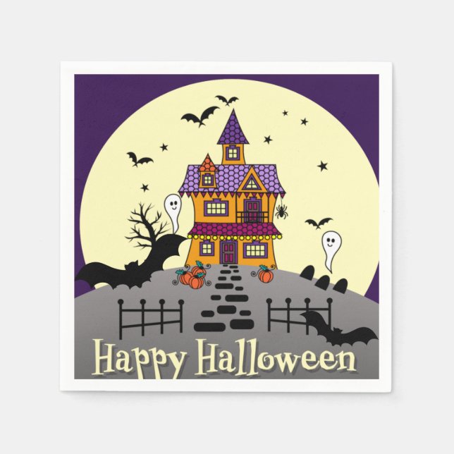 Serviette En Papier Halloween Maison hantée Noir chauve Pleine lune Fa (Devant)