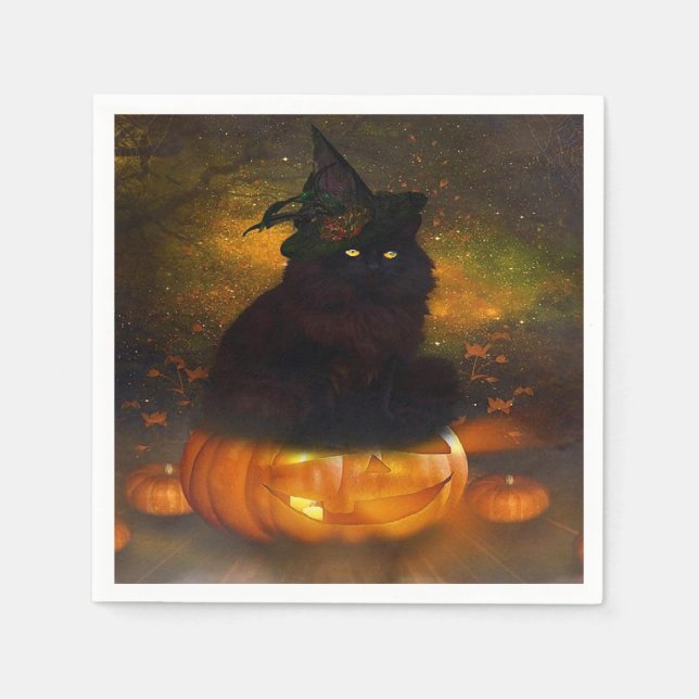 Serviette En Papier Halloween Napkin / Chat noir assis sur le citrouil (Devant)