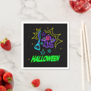 Serviette En Papier Halloween Neon Look Purple Ghost Broom Party