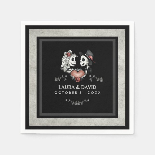 Serviette En Papier Halloween noir & blanc Skeletons & Mariage de coeu (Devant)