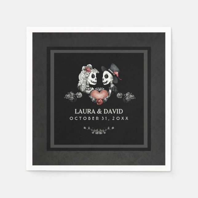 Serviette En Papier Halloween noir & blanc Skeletons & Mariage de coeu (Devant)