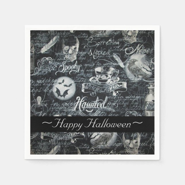 Serviette En Papier Halloween noir et blanc hanté (Devant)