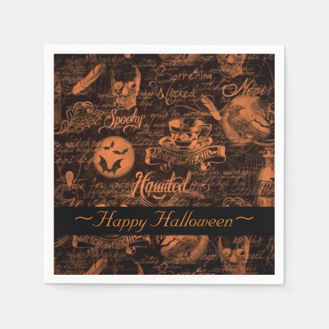 Serviette En Papier Halloween noir et orange hanté (Devant)