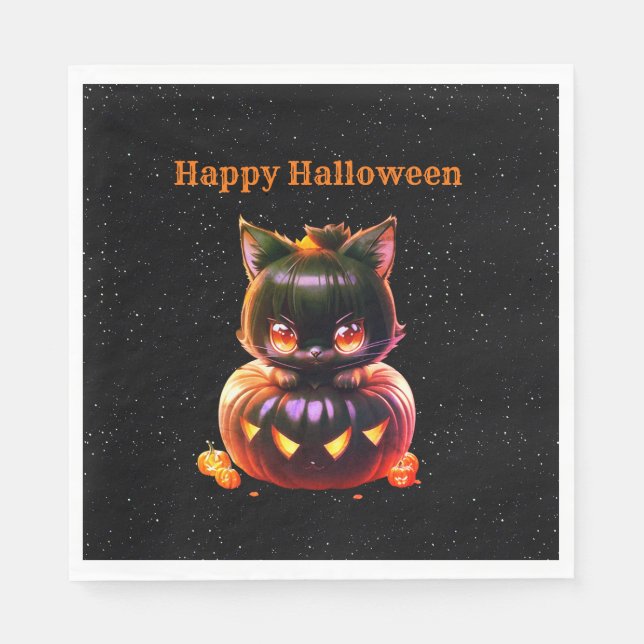 Serviette En Papier Halloween Party Chat noir Citrouille Horreur (Devant)