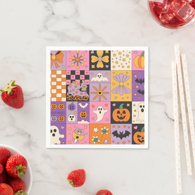 Serviette En Papier Halloween Patchwork Motif - Carrés festifs avec (En situation)