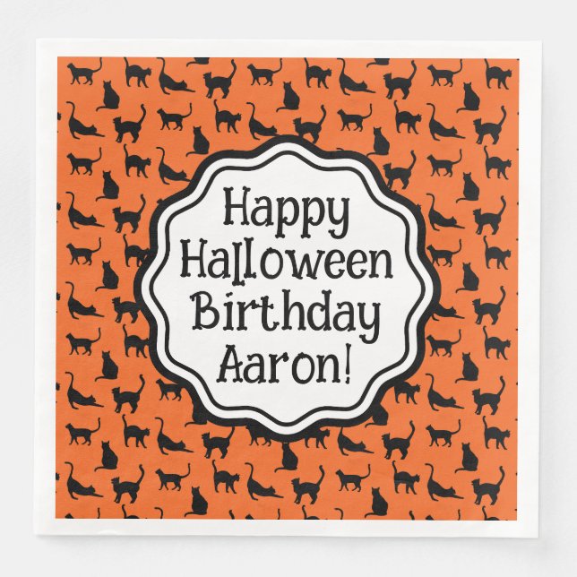 Serviette En Papier Halloween personnalisé Anniversaire Chat noir oran (Devant)