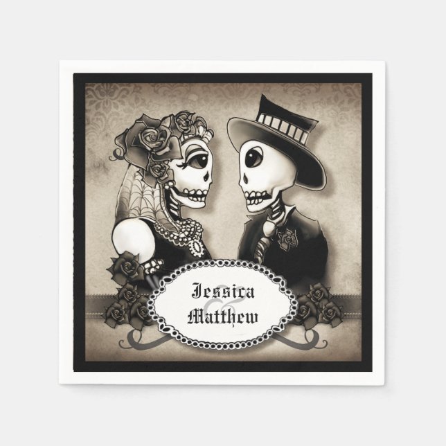 Serviette En Papier Halloween Skeletons Antique Noms Mariage Napkins (Devant)