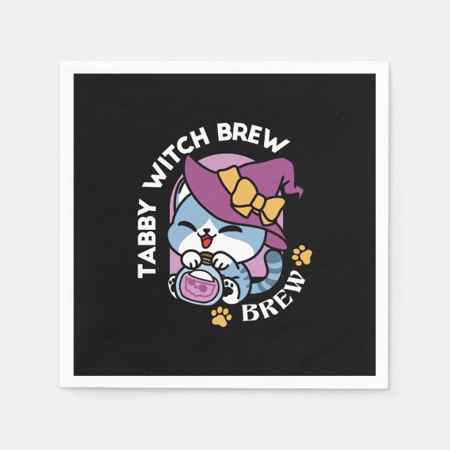 Serviette En Papier Halloween Tabby Chat - Sorcière Casquette & Potion (Devant)