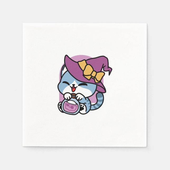 Serviette En Papier Halloween Tabby Chat - Sorcière Casquette & Potion (Devant)