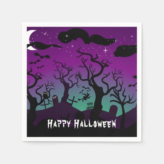 Serviette En Papier Halloween violet et aqua hanté le cimetière (Devant)