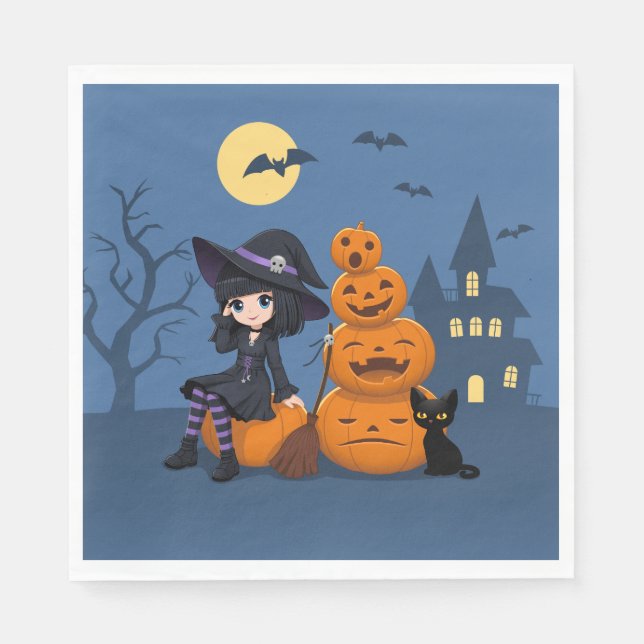 Serviette En Papier Halloween Witch, Chat noir et Citrouille (Devant)