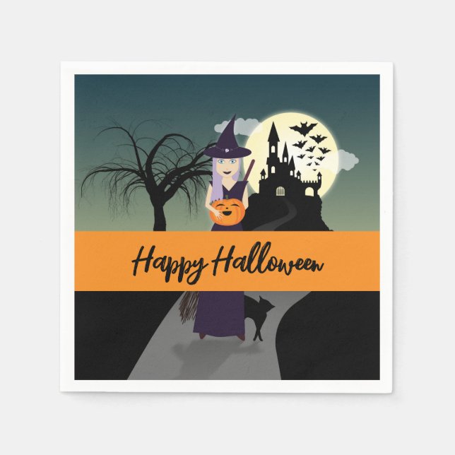 Serviette En Papier Halloween Witch Citrouille Chat noir Votre texte (Devant)