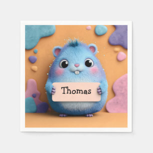 Serviette En Papier Hamster bleu bouffant tenant un signe avec nom