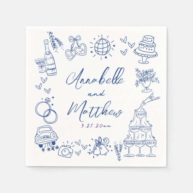 Serviette En Papier Hand Drawn Blue Whimsical Wedding (Devant)