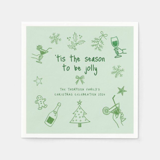 Serviette En Papier Hand Drawn Scribble Glitter Green Christmas Party (Devant)