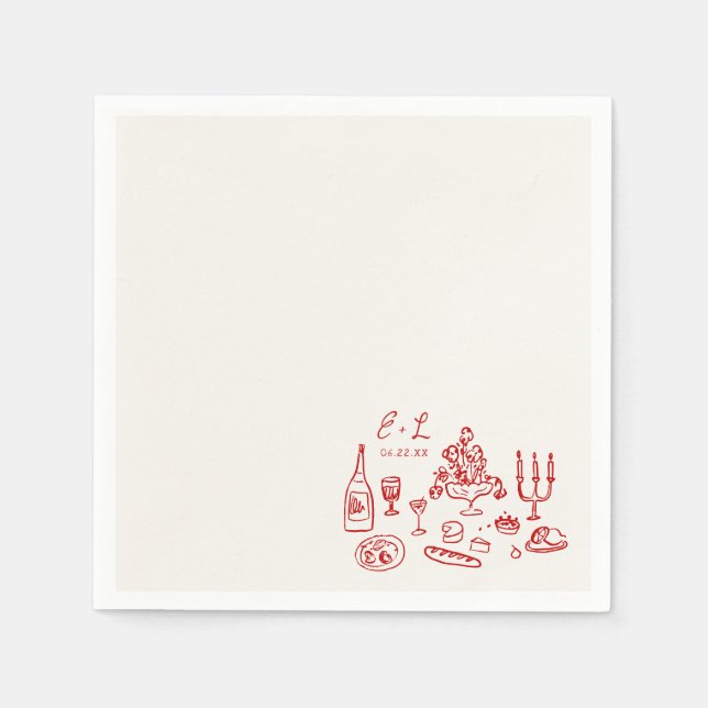 Serviette En Papier Hand Drawn Wedding Food Initials (Devant)