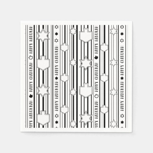 Serviette En Papier Hanoukka Blk N White Dreidels N Stars (Devant)