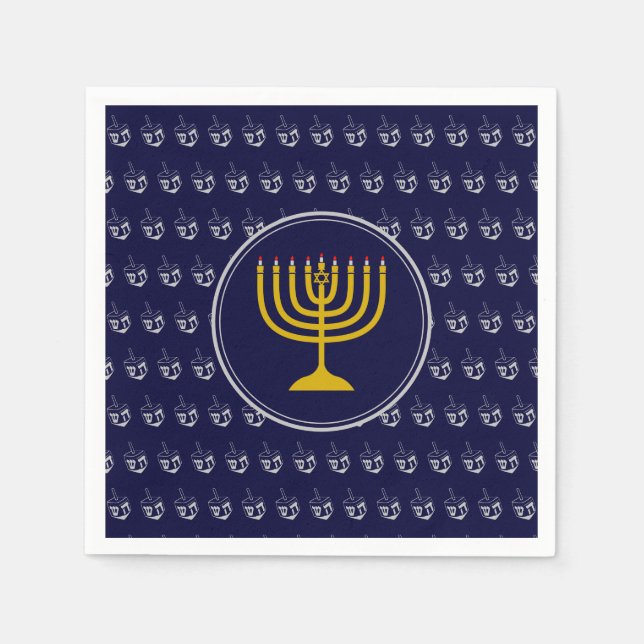 Serviette En Papier HANOUKKA Dreidel Menorah BLUE SILVER GRAY (Devant)