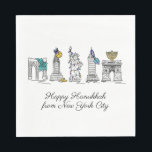 Serviette En Papier Hanoukka heureuse de New York City NYC Chanukah<br><div class="desc">Design présente une illustration originale de plume et d'encre de divers monuments de New York, dont Statue de la Liberté, Washington Carré Arch et le Brooklyn Bridge, "habillé" pour la saison des fêtes. Idéal pour fêter Hanoukka et les fêtes juives. Ce design NYC est également disponible sur d'autres produits. Les...</div>