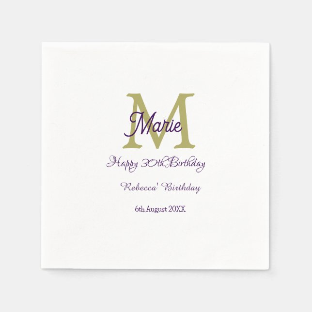 Serviette En Papier Happy 30th Birthday goldenadd name monogram modern (Devant)